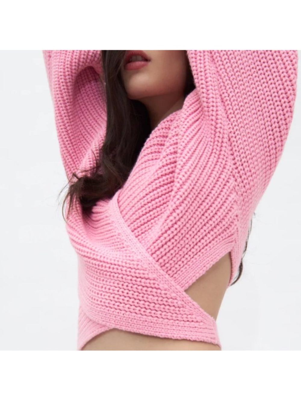 Zara Light Pink Ribbed Wrap V-Neck Sweater with Tie Waist - Picture 2 of 8